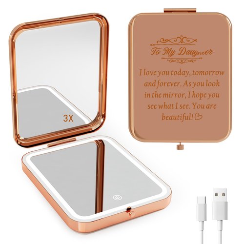 GLINTZ Daughter Gifts from Mom, Rose Gold Daughters Compact Mirror with Light, Birthday Gifts for Daughter from Mother, Graduation Wedding Anniversary Christmas