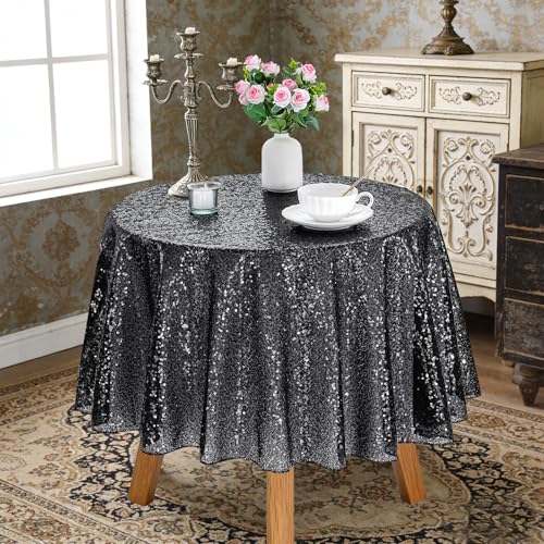 QueenDream Black Sequin Round Tablecloth 50 Inch for Party & Wedding Decor