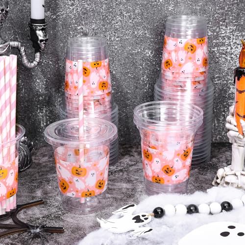 Pink Halloween Disposable Plastic Cups with Lids and Straws - 50 Pack, 12 oz