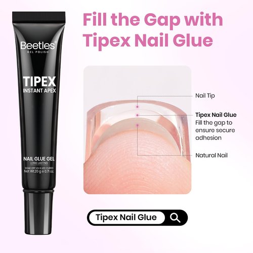 Beetles Tipex Instant Apex Nail Tips, Almond Medium, 16 Sizes (00-14), 224PCS with 20g Tipex Solid Nail Glue, Thick Strong Tips with Built-In Apex for DIY Extensions
