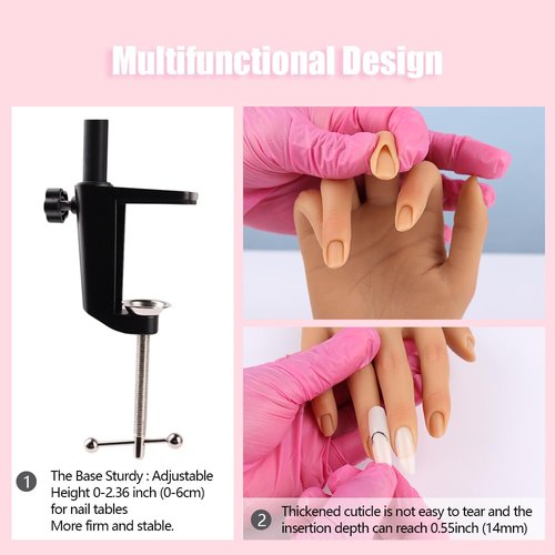 Silicone Practice Hand for Acrylic Nails, Mannequin Hands for Nails Practice with Adjustable Bracket, Life Size Fake Hand for DIY Nails/Nail Art Beginners/Nail Salon Artists