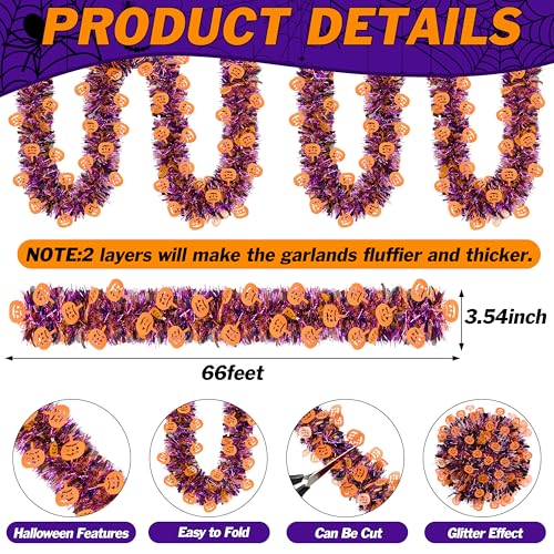 Halloween Tinsel Garland 66 Ft - Purple Black & Orange Glitter Streamers for Party & Home Decor