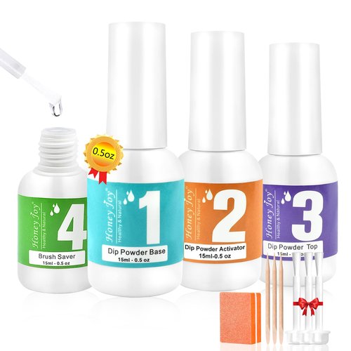 Honey Joy Dip Powder Liquid Set - 4pcs Nail Dip Liquid Set with Activator, Base Coat, Top Coat, and Brush Saver 15ml/0.5Fl.oz for Home DIY Salon Art