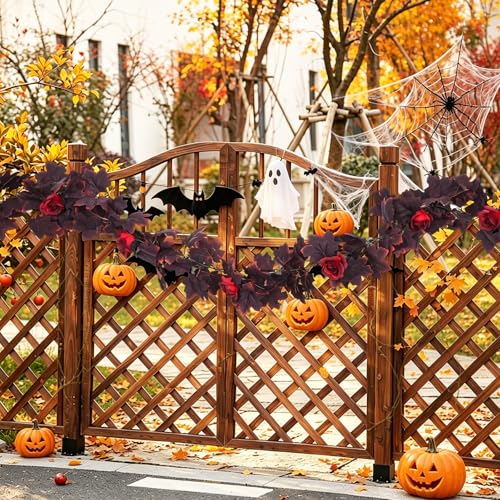 Fall Leaves Garland with Burgundy Maple & Black Rose Accents - 11.4ft Decorative Vine