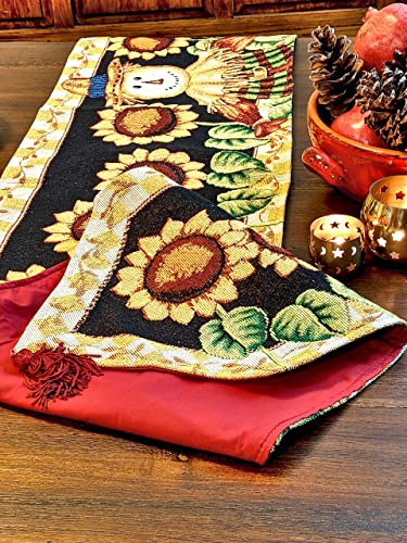 Fall Sunflower Scarecrow Tapestry Table Runner 13x90 Inches - Harvest Decor