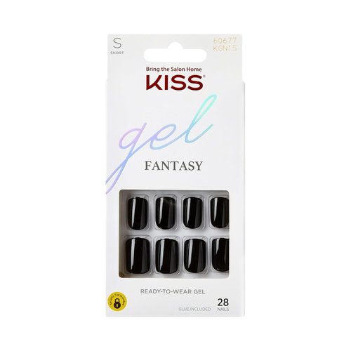 KISS Gel Fantasy Press On Nails - 'Aim High' Black Squoval Shape | Includes 28 Nails & Glue