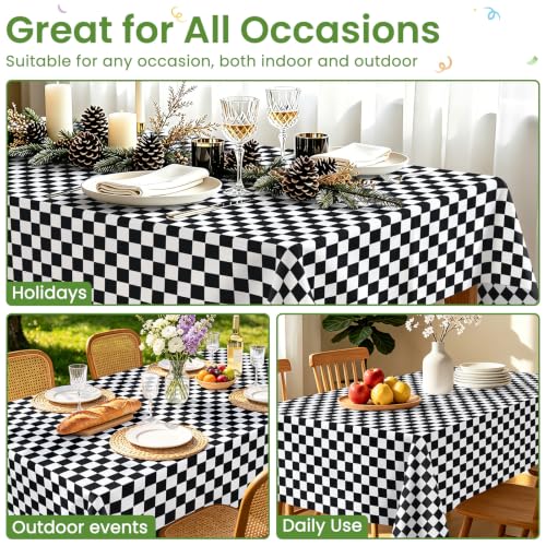 White and Black Checkered Disposable Plastic Tablecloths - 2 Pack, Waterproof, 54 x 108 inches, Rectangular for Parties