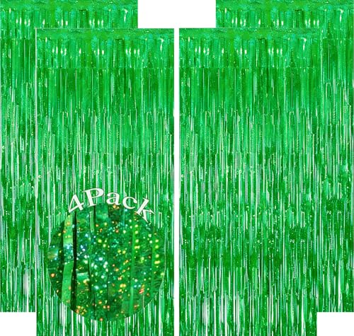 Laser Green Tinsel Backdrop Curtains - 4 Pack, 12.8x8.2 ft, Party Decorations