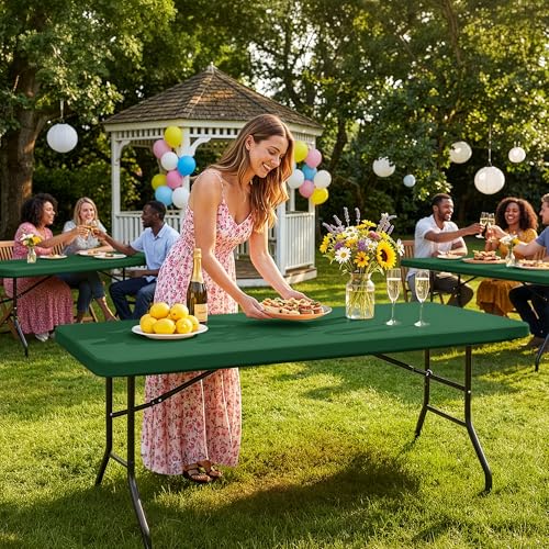 Fitted 8ft Rectangle Tablecloth with Elastic Edges - Hunter Green, 30 x 96 Inches, 6 Pack