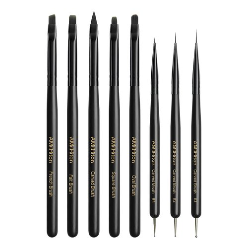 AMilHiTon 8PCS Nail Art Brush Set for Gel & Acrylic – French Tip, Flat, Oval & Carved Liner Brushes with Dotting Tools, Professional Builder Poly Gel Nail Design Kit
