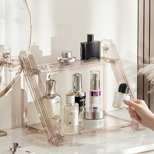 FYBREEK Tea Brown Foldable Perfume Organizer,Makeup Organizer,Clear Acrylic Double Layer Display Stand, Waterproof Cosmetic Storage Rack for Bathroom Vanity Countertop (1PC)