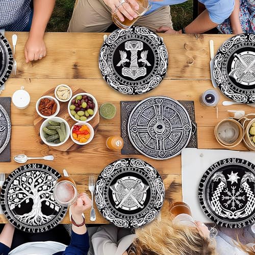 Viking Theme Paper Plates 9-Inch Black & White Set with Tree of Life - Variation of Viking Warrior Theme Round Plates