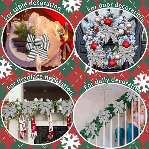 Christmas Bow Set - Black and White Striped Ribbons for Tree, Wreath & Gift Decor, 12 Pcs