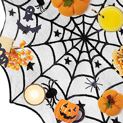Halloween Spiderweb Lace Tablecloth with Black Spider, 17.7 x 98.4 Inch - Mantle & Window Decor