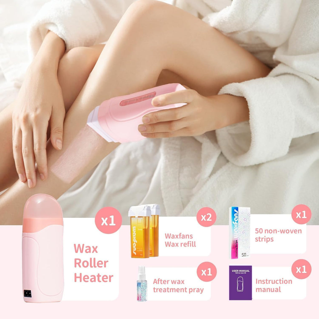 Wax Roller Kit- Easy Use Roll on Wax Kit with 4-6 Weeks Smooth Skin,Hair Remover for Larger Areas of the Body, Beginner-Friendly,with 50 Pcs Strips and 2 wax roller (Honey)