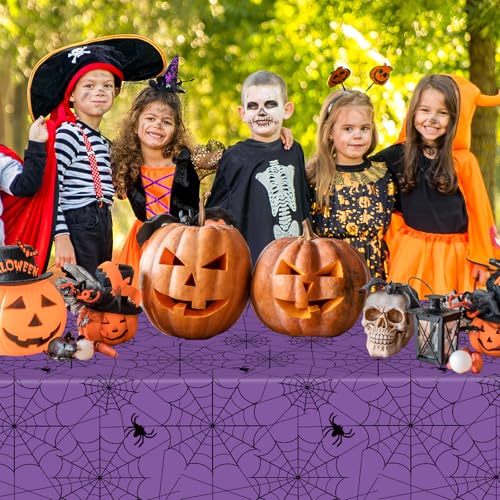 Purple Halloween Spider Web Tablecloths - 2 Pcs Disposable Rectangular Cover, 108 x 54 Inches