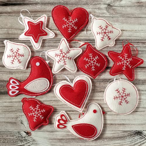 Christmas Felt Ornaments Set - 12 Assorted 3D Snowflake & Holiday Decorations, Red & White Variation