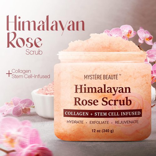 MYSTÉRE BEAUTÉ Himalayan Salt Body Scrub 12 oz each Twin Pack - with Collagen and Stem Cells - Exfoliating Salt Scrub for Cellulite - Deep Cleansing for Acne, Scars, Wrinkles - Moisturizes Skin