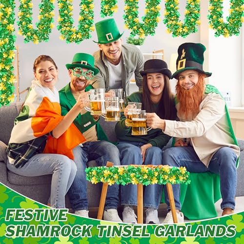 Gold Green Shamrock Tinsel Garland - 66FT St Patrick's Day Decor, Shiny Metallic Streamer for Indoor Outdoor Irish Party Supplies - Variation of Gold Green