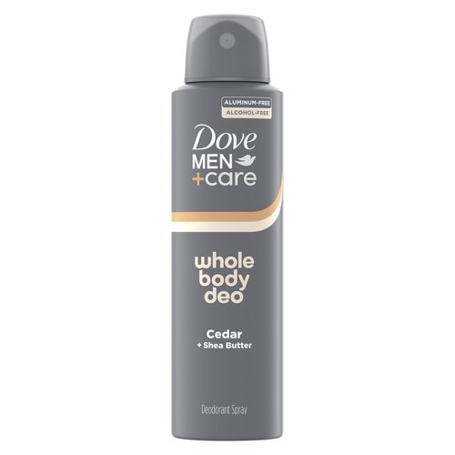 DOVE MEN + CARE Whole Body Deo Aluminum Free Deodorant Spray Cedar + Shea Butter Suitable from Pits, Privates, to Feet with Vitamin E 4 oz