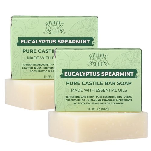 Adams Handmade Soap Eucalyptus Spearmint Pure Castile Bar Soap – 4.5 oz | Vegan, Cold Process, Essential Oils, 84% Organic, Fair Trade, No Additives, USA Made
