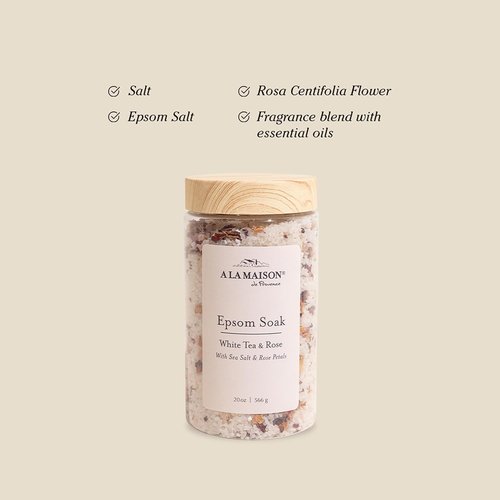 A LA MAISON Epsom Salt Bath Soak - White Tea & Rose for Muscle Relief - 20 oz Relaxing Bath Salt