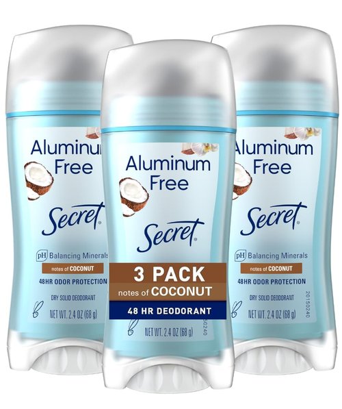 Secret Aluminum Free Deodorant for Women, 48hr Odor Protection, Naturally Derived Ingredients, Free of Parabens Dyes Talc & Baking Soda, PH Balanced, Dry Solid, Coconut Scent, 2.4 oz (Pack Of 3)