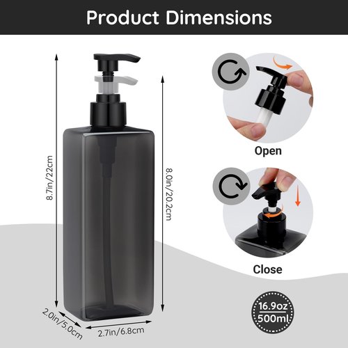 Segbeauty 16.9oz Shampoo Bottles Refillable Pump Bottle, 3pcs Shower Bottle Soap Dispenser with Labels, 500ml Gray Empty Plastic Square Shampoo Conditioner Dispenser, Body Wash Containers for Bathroom