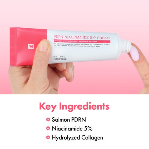 TOSOWOONG PDRN Niacinamide 5.0 Cream, Niacinamide 5% Dark Spot Remover for Face, Hyperpigmentation & Blemish Care, Salmon DNA Hydrating Moisturizer, Korean Skincare, 50ml / 1.69 fl. oz.