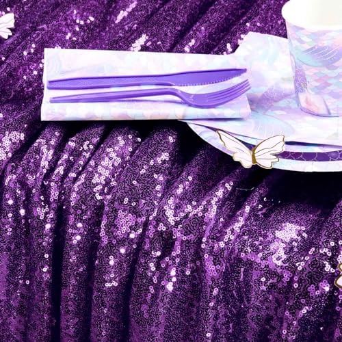 QueenDream Purple Sequin Tablecloth 90x90 Inch Halloween Birthday Xmas Decorations
