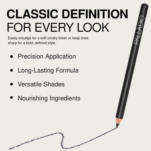 Palladio Wooden Eyeliner Pencil - Easy Application, Long-Lasting Rich Pigment, Black