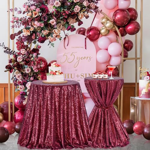 B-COOL 90 Inch Burgundy Round Sequin Tablecloth for Weddings & Parties