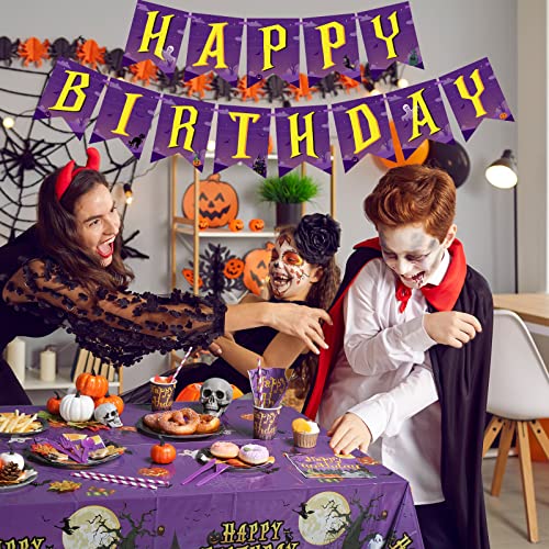 Halloween Birthday Party Supplies Set for 24 Guests - Tablecloths, Banner, Cutlery