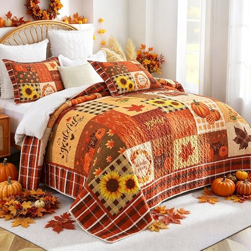 EVENHUG Fall Quilt Queen Size Bedding Set with Pillow Shams - Orange Brown Floral Pumpkin Design, 3 Pieces