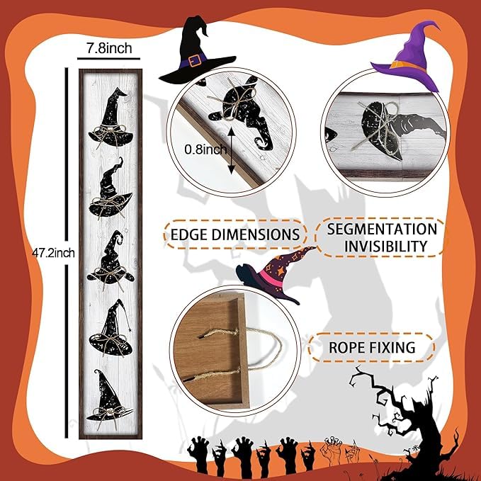 Halloween Welcome Sign for Front Door Standing - Witch Hat Wooden Porch Decor - Black & White