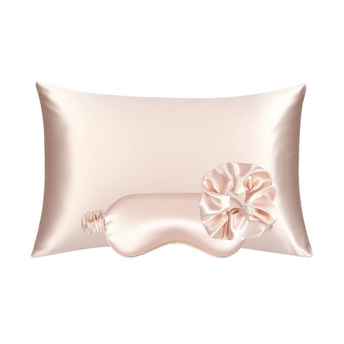 KISMETICS - Vegan Silk Sleep Set, Vegan Silk Pillowcase with Large Scrunchie and Eye Mask for Hair and Skin, Self Care Essential Satin Night Routine Kit (Light Pink Color)