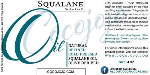 Dr Joe Lab Squalane Oil Pure Plant Derived Refined Cold Pressed Squalene From Olives Vegan Undiluted Bulk Carrier Oil for Face Skin Hair Body Cosmetics Natural Cleanser Moisturizer (4 oz)
