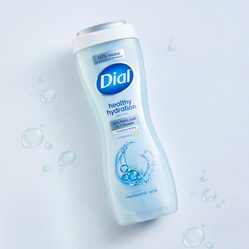 Dial Body Wash, Healthy Hydration, Hyaluronic Acid + Vitamin E, 16 fl oz (Pack of 4), Gentle, Leaves Skin Feeling Soft In 1 Shower, Dermatologist-Tested, No Parabens & Silicones