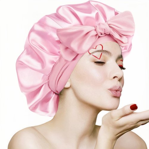VECIIR Silk Bonnet for Sleeping Women, Ajustable Hair Bonnet for Curly Hair with Tie Band Shower Caps Pink，Large