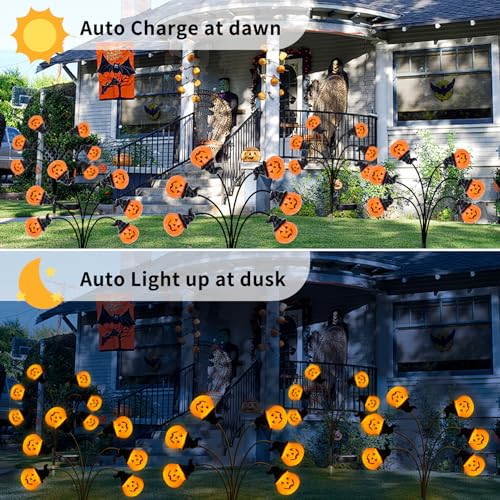 Outdoor Halloween Pumpkin Stake Lights with Solar Fireflies - Waterproof Yard Decor