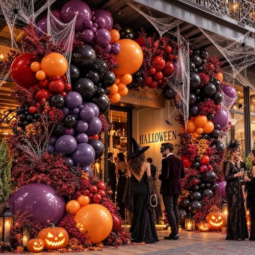 Halloween Balloon Arch Kit Double Stuffed Black Purple Orange Balloons for Spooky Party Decorations - Variation Black Purple Orange