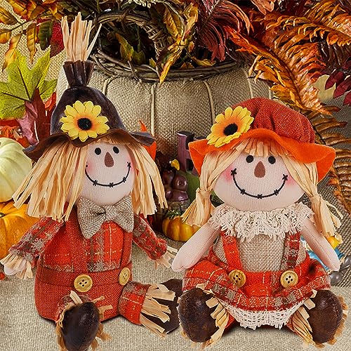 Thanksgiving Fall Tabletop Decorations - 2 Pack Handmade Scarecrows, Harvest Figurines