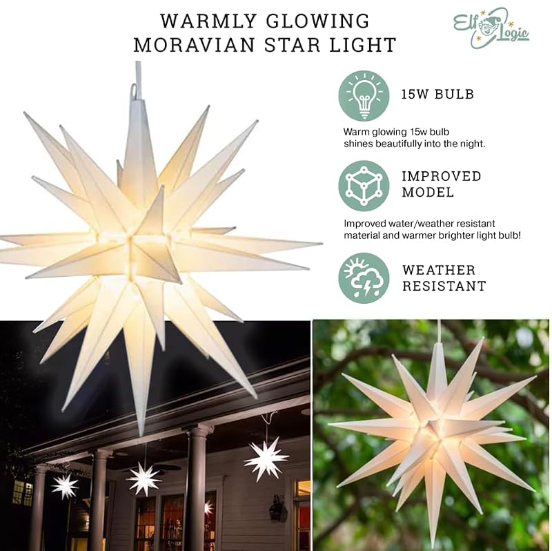 White LED Moravian Star Tree Topper - 12 Inch Indoor & Outdoor Christmas Light