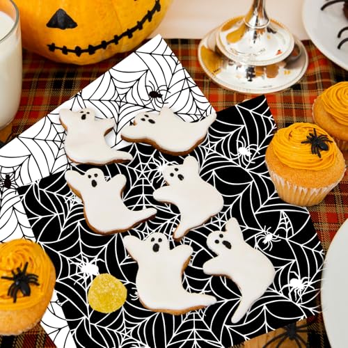 Halloween Wax Paper Wraps - Black & White Spider Web Design, 100 Pack, 9.8x8.3 inches, Waterproof & Oil-Proof Food Liners, Party Decor