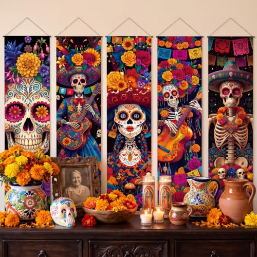 Day of the Dead Banner Set - 5 Pcs Dia De Los Muertos Halloween Decor with Sugar Skull Art & Papel Picado - Variation of 5 / Day of the Dead
