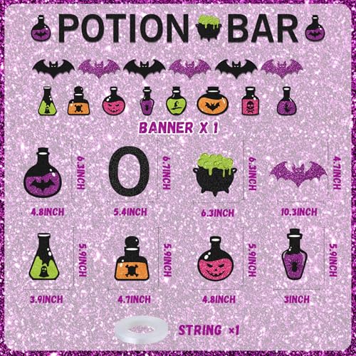Halloween Potion Bar Banner with Glitter Potion Bottle Signs and Bat Decorations