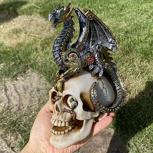 Steampunk Dragon on Human Skull Statue Gothic Decor Collectible