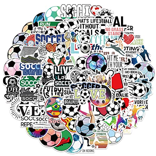 Soccer Stickers for Water Bottles - 100 Waterproof Vinyl Decals for Teens & Adults - Soccer Party Favors & Decorations