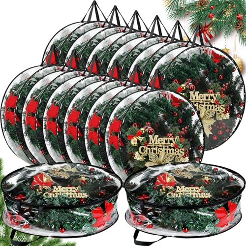 Wreath Storage Bags 30 Inch Durable Plastic with Dual Zippers & Handles - Clear & Black, Set of 14