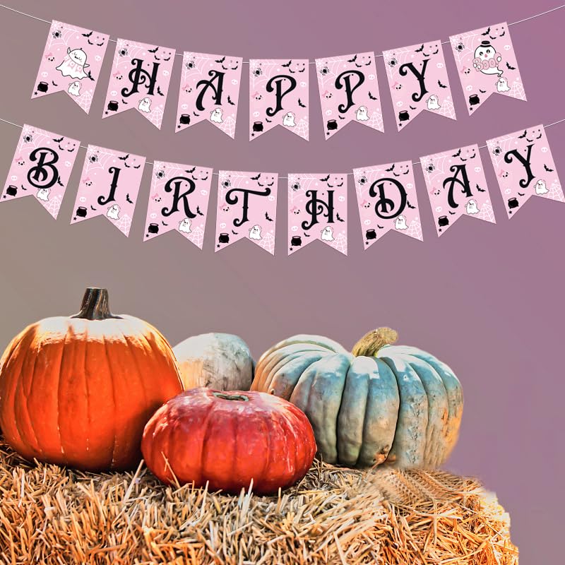 Pink Ghost Birthday Banner Halloween Party Decorations for Girls